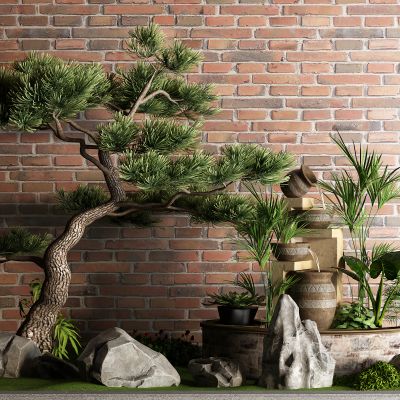 中式松树 红砖 景观树 景观小品 流水