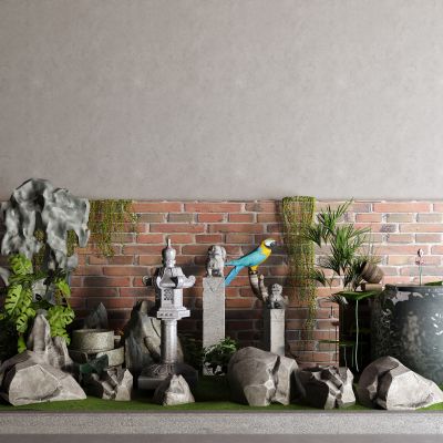 中式景观小品 石头 石灯笼 水缸