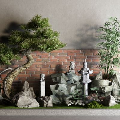 中式景观石 景观树 景观小品 石灯笼 石磨