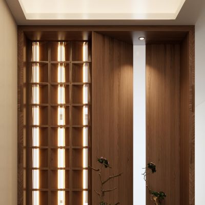 中式 中古风 造型隔断 花瓶 禅意软膜灯 入户端景 玄关