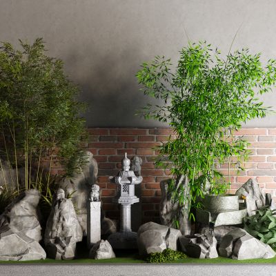 中式景观小品 石头 石灯笼 竹子 石磨