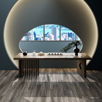 新中式中古风灯带背景格栅吊顶别墅挑空茶室