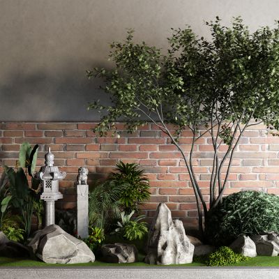 中式景观树 石狮子 石灯笼 灌木 芭蕉