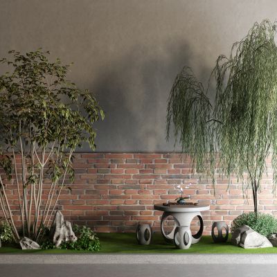 中式户外桌 石桌 柳树 景观树