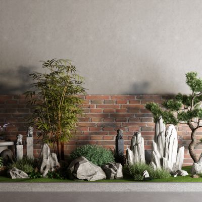 中式户外桌 石桌 竹子 石头 景观石