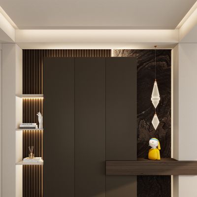 意式 轻奢风 玄关柜 鞋柜 奢石 悬浮顶 入户端景 玄关