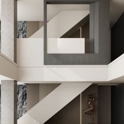 意式 极简风 几何造型 石材 格栅 挑空 复式别墅 客厅