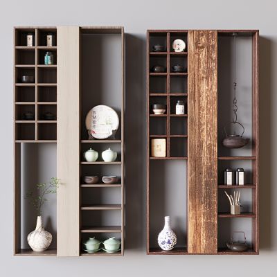 中古风多宝阁博古架 白蜡木茶叶茶壶展示架 侘寂收纳置物架3D模型