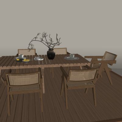 藤编实木休闲桌椅 侘寂户外桌椅 陶罐干支干花