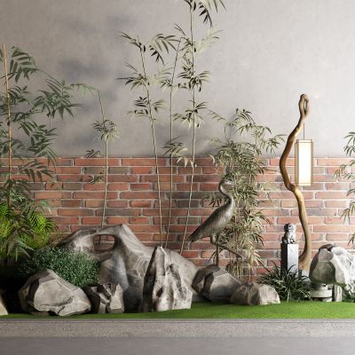 中式竹子 景观石 石头 草 落地灯