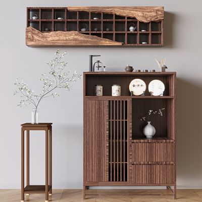 新中式餐边柜茶水柜 储物柜玄关柜 挂壁式多宝阁博古架茶杯架 