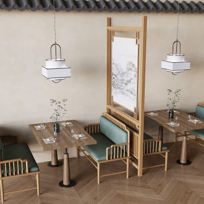 侘寂实木卡座沙发 餐桌椅组合 玄关隔断屏风