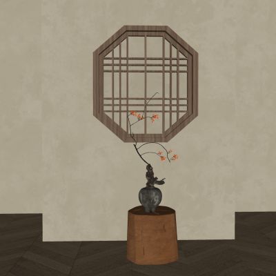 中式实木镂花窗 中式造型窗户花窗 陶罐干花花瓶花艺