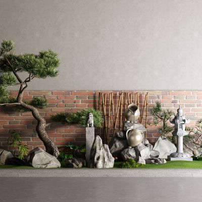 中式水缸 水景 松树 石灯笼 石狮子