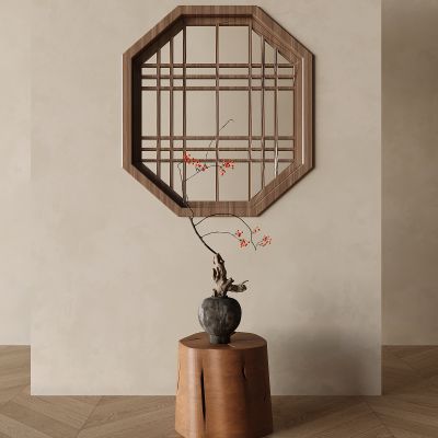 中式实木镂花窗 中式造型窗户花窗 陶罐干花花瓶花艺