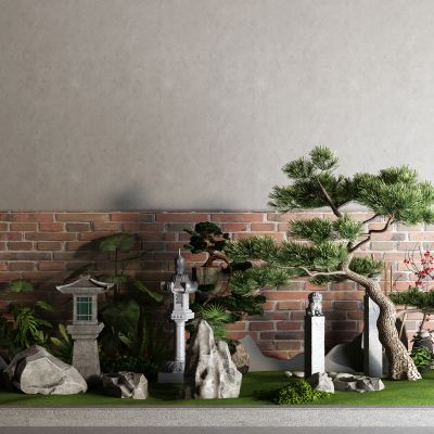 中式松树 石灯笼 景观石