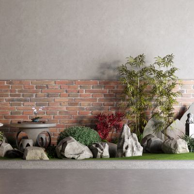 中式户外桌 石桌 竹子 石头 景观石