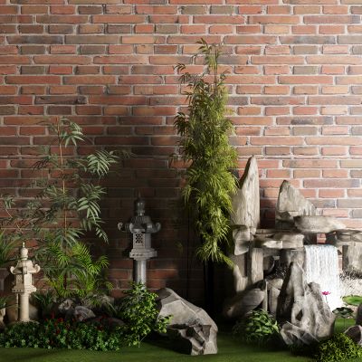 中式假山 流水 水景 竹子 景观树