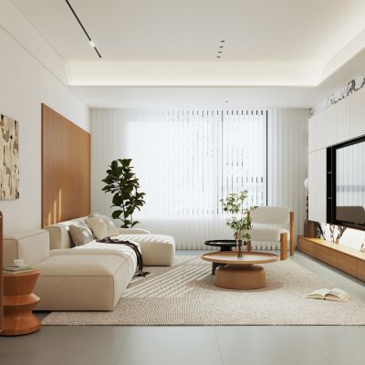 现代奶油风客餐厅 横厅 客厅餐厅一体