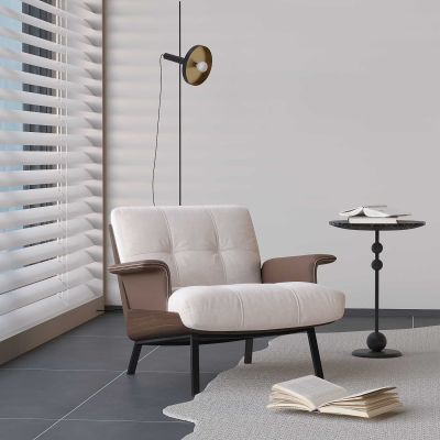 侘寂单人沙发椅 意式真皮扶手椅 创意落地灯边几