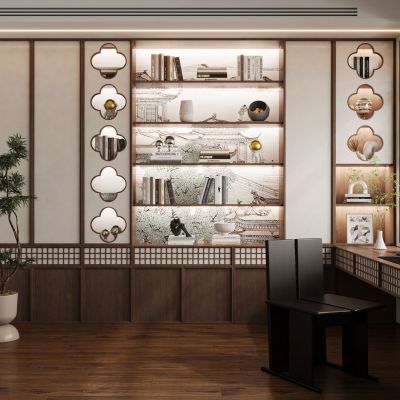 现代新中式奶油风侘寂宋氏美学书房书桌椅书柜书架