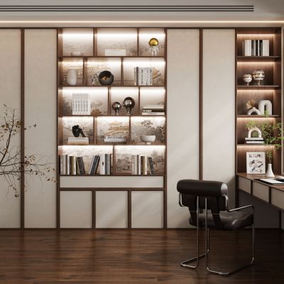 现代新中式奶油风侘寂宋氏美学书房书桌椅书柜书架