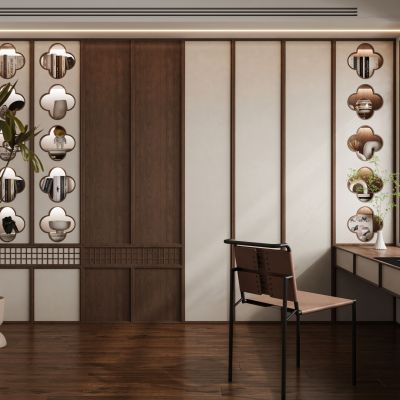 现代新中式奶油风侘寂宋氏美学书房书桌椅书柜书架