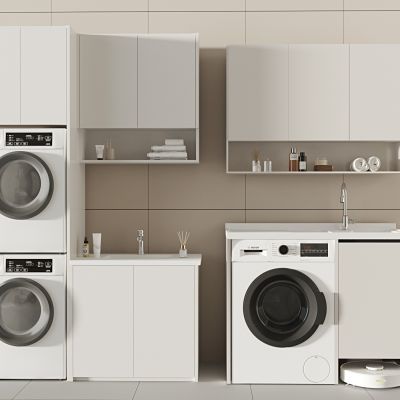 奶油实木洗衣机柜  洗衣机烘干机 扫地机器人 洗漱台一体柜 洗手池台盆