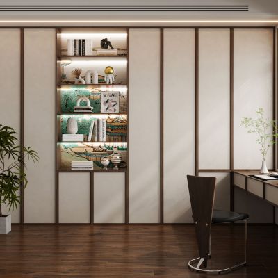 现代新中式奶油风侘寂宋氏美学书房书桌椅书柜书架