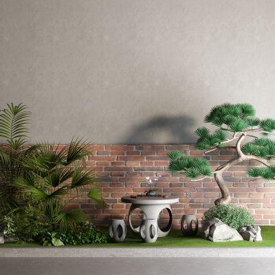 中式景观树 松树 棕榈树 石桌