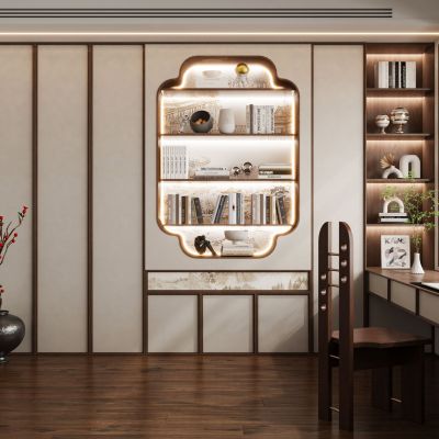 现代新中式奶油风侘寂宋氏美学书房书桌椅书柜书架