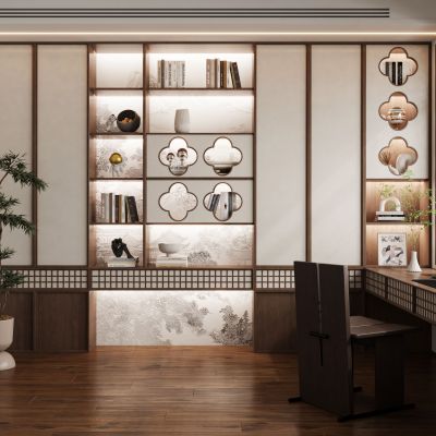 现代新中式奶油风侘寂宋氏美学书房书桌椅书柜书架