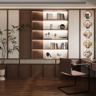 现代新中式奶油风侘寂宋氏美学书房书桌椅书柜书架