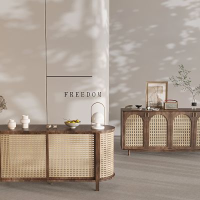 侘寂藤编餐边柜 藤编茶水柜储物柜 实木玄关柜边柜