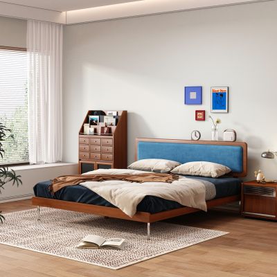 现代中古风双人床 实木床 床头柜