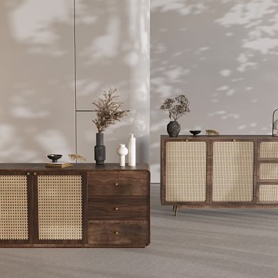 侘寂藤编餐边柜 藤编茶水柜储物柜 实木玄关柜边柜备餐柜