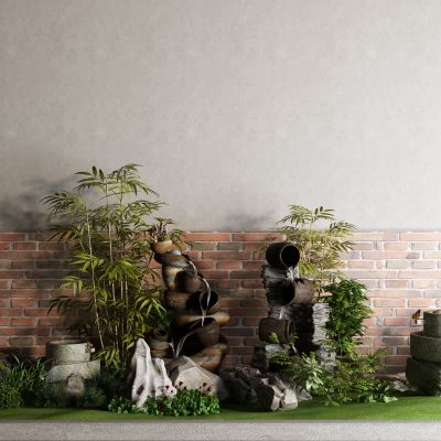 中式石磨 水景 水缸 竹子