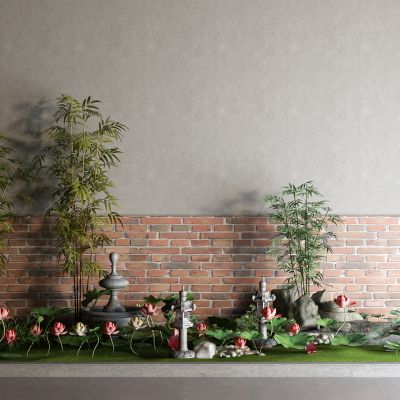 中式荷花 荷叶 竹子 喷泉 池塘