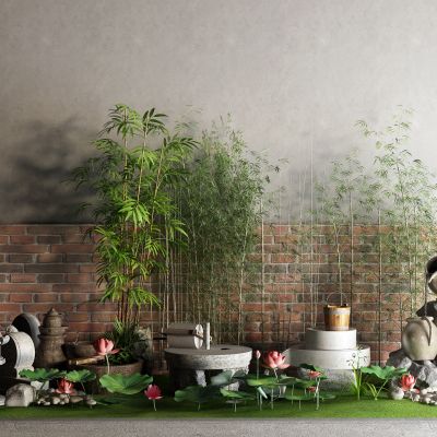 中式荷花 荷叶 竹子 流水 水缸 石磨