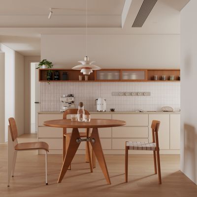 奶油风餐厅 无主灯餐厅 原木风圆餐桌椅