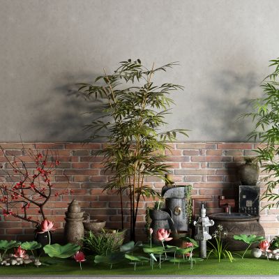 中式荷花 荷叶 竹子 流水 水缸