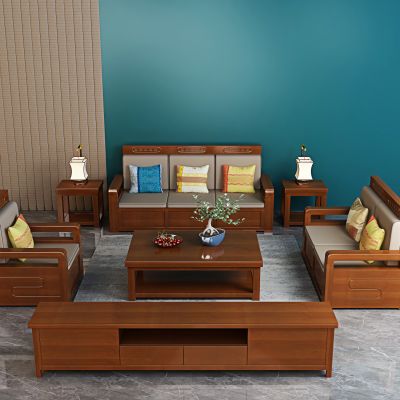 中式原木风沙发茶几组合