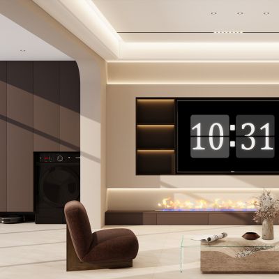 意式 奶油风 内嵌 弧形 无主灯 别墅客厅 电视玄关一体墙