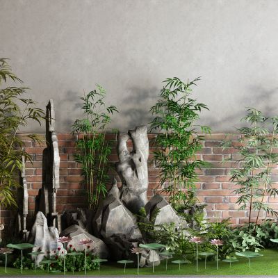 中式竹子 假山 石头 荷花