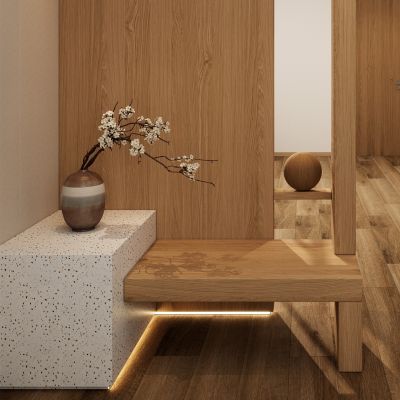 新中式 原木风 透景 悬浮顶 入户隔断 玄关