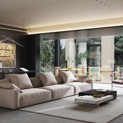 现代意式客餐厅书房 无主灯客餐厅 客厅书房一体