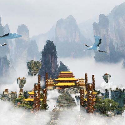 现代三生仙境奇石瀑布景观