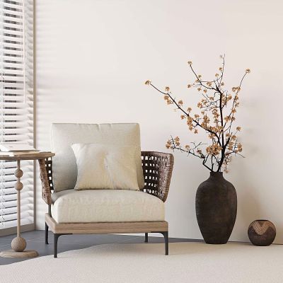 中式沙发椅 藤编椅 花瓶 木桌子