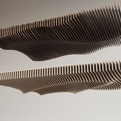 异形曲面天花吊顶 实木切片吊顶 格栅曲线波纹顶棚