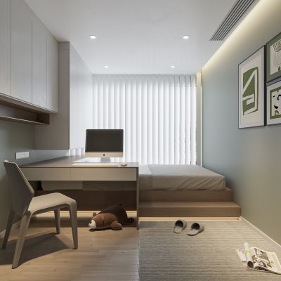 现代卧室 饰品 休闲椅 床头吊灯 无主灯造形吊顶 衣柜 书柜 书桌